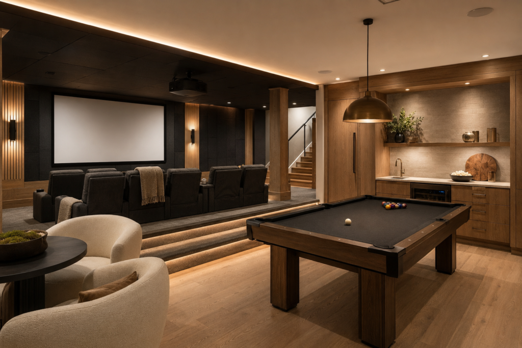 Finished basement home theater with tiered seating and game room