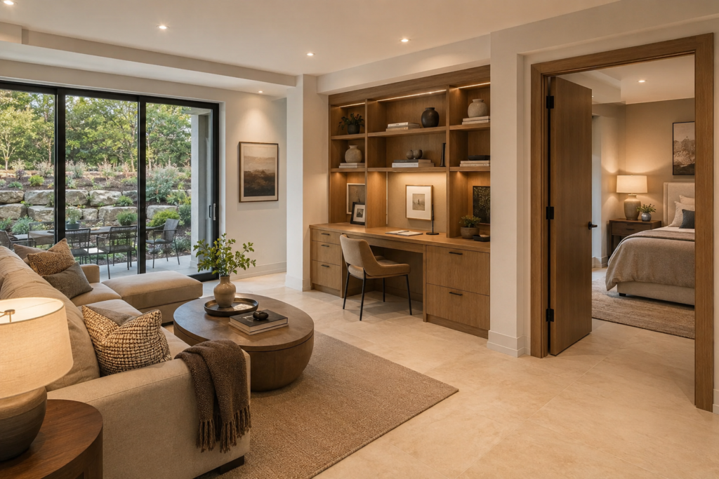 Finished basement living space with built-in office and guest suite