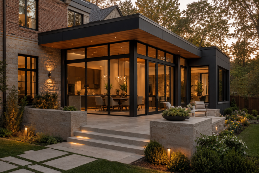 Completed modern home addition with floor-to-ceiling glass at dusk