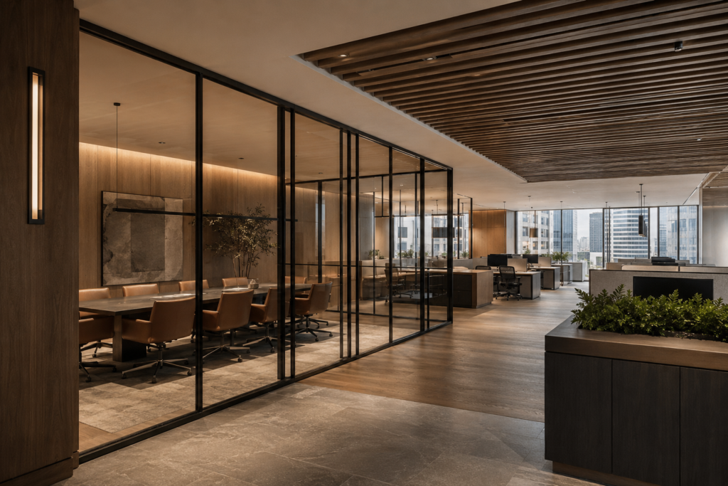 Finished commercial office build-out with glass conference rooms