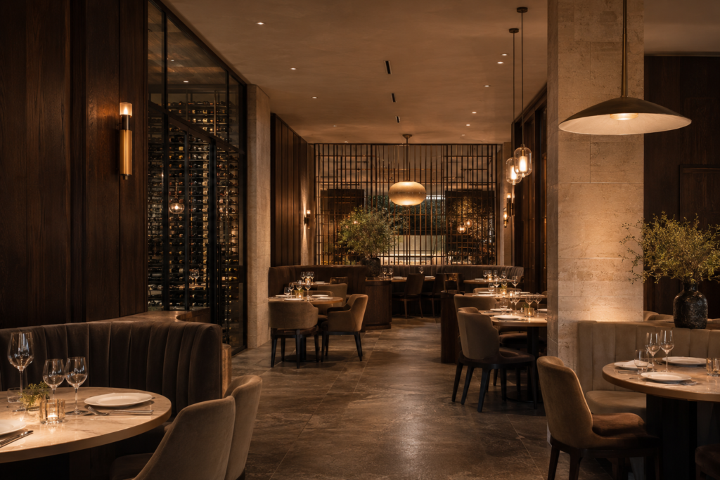 Finished restaurant dining room with booth seating and wine wall