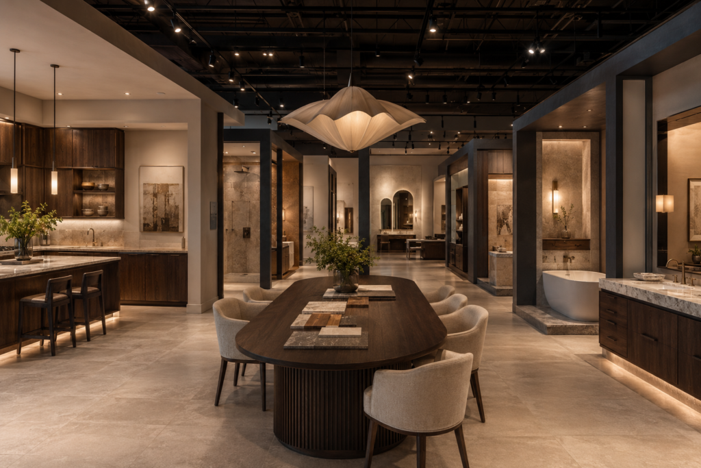 Remodeled kitchen with dark wood cabinetry and stone island
