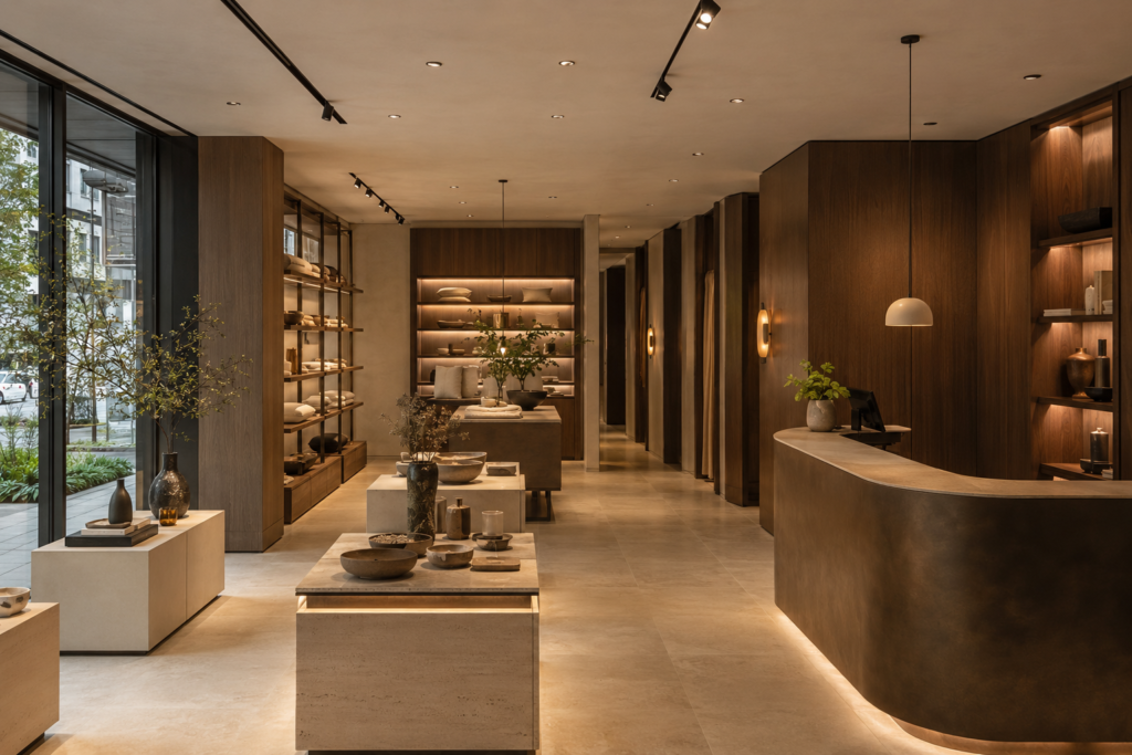 Finished boutique retail build-out with display shelving