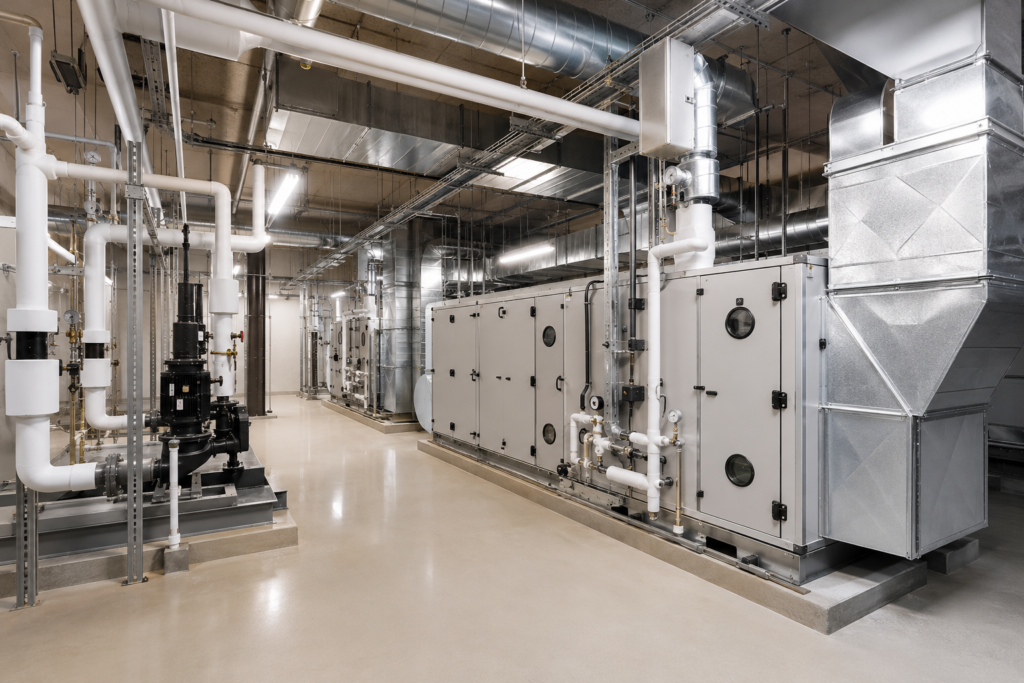 Commercial mechanical room with air handling units and piping